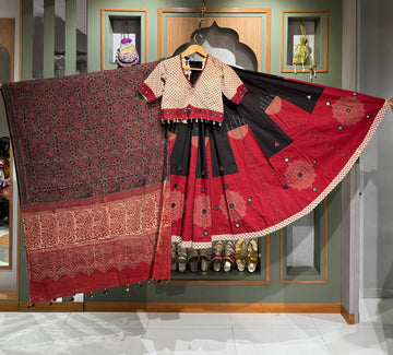 Designer Maroon & Black Ajrakh Chaniya Set with Cream Mirror & Coin Work Blouse