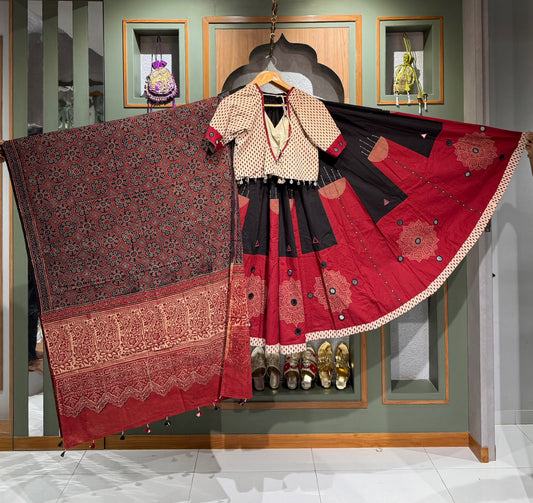 Designer Maroon & Black Ajrakh Chaniya Set with Cream Mirror & Coin Work Blouse