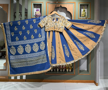 Designer Cotton Royal Blue & Beige Ajrakh Chaniya Set with Cream Mirror Work Blouse