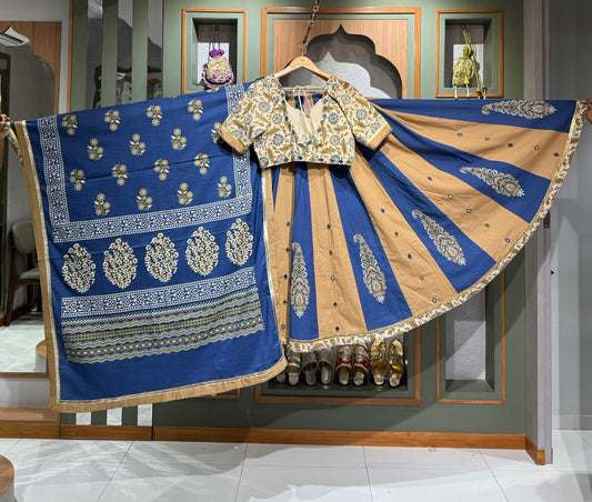 Designer Cotton Royal Blue & Beige Ajrakh Chaniya Set with Cream Mirror Work Blouse