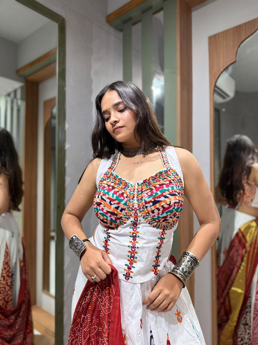 Mirror Work Chaniya Choli with Corset Blouse & Lagadi Patta Bandhej Dupatta