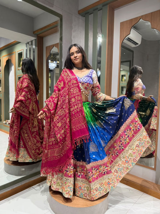Banarasi Silk Chaniya Choli with Vintage Mirror & Kodi Work and Ghar Chola Dupatta