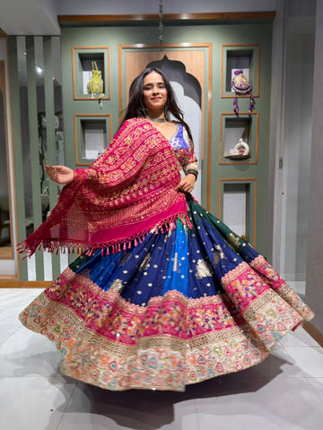 Banarasi Silk Chaniya Choli with Vintage Mirror & Kodi Work and Ghar Chola Dupatta