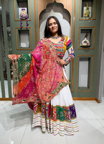 White Jam Cotton Chaniya Choli with Kutchi Mirror Work & Vintage Bandhani Dupatta