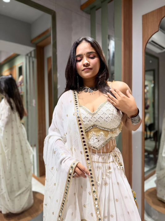 Designer Pure White Georgette Chaniya Choli with Heavy Mirror Work, Tikki & Tassel DetailingDesigner Pure White Georgette Chaniya Choli with Heavy Mirror Work, Tikki & Tassel