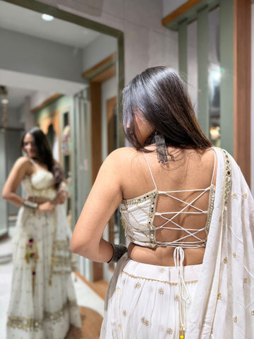 Designer Pure White Georgette Chaniya Choli with Heavy Mirror Work, Tikki & Tassel DetailingDesigner Pure White Georgette Chaniya Choli with Heavy Mirror Work, Tikki & Tassel