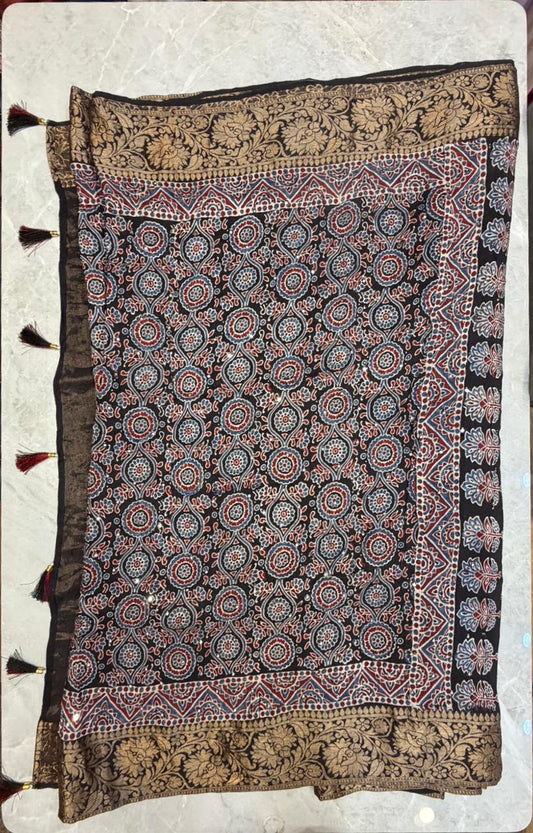 Ajrakh Saree with Banarasi Border1
