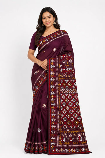 Designer Semi Tussar Silk Saree with Kutchi & Mirror Handwork