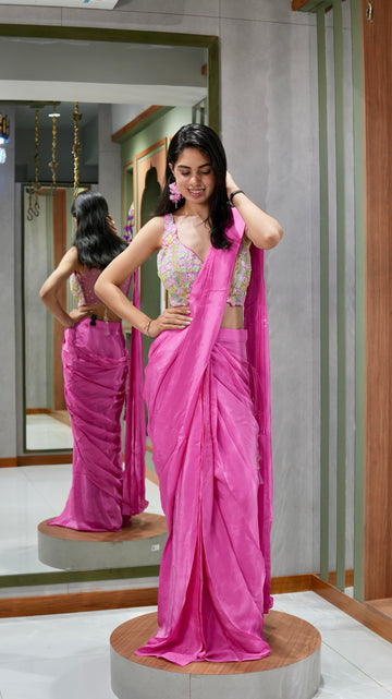 PINK DRAPE SAREE WITH HANDWORK BLOUSE